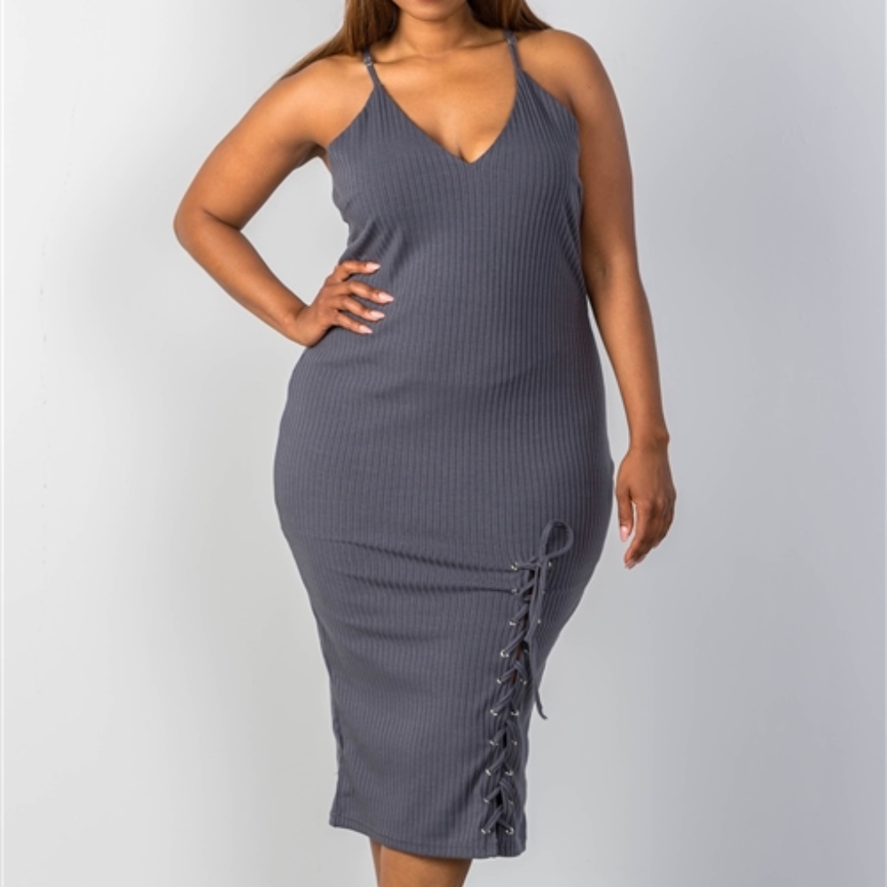 RIBBED LACE-UP BODYCON MIDI DRESS SLATE (PLUS)